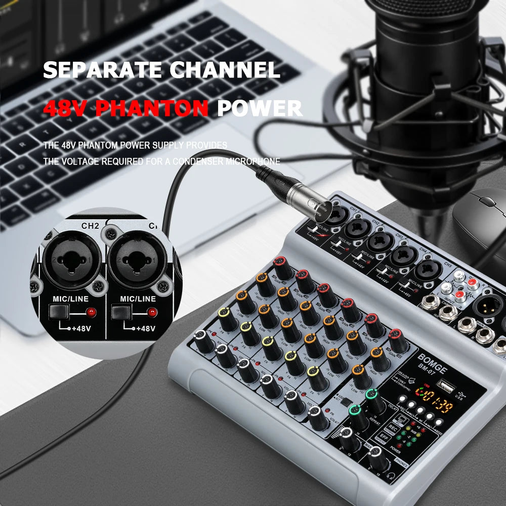 BOMGE 7 Channel Audio Mixer with Bluetooth USB 5 Mic Line 1 Stereo Input XLR Balanced 6.35mm Jack Output With headphone monitor