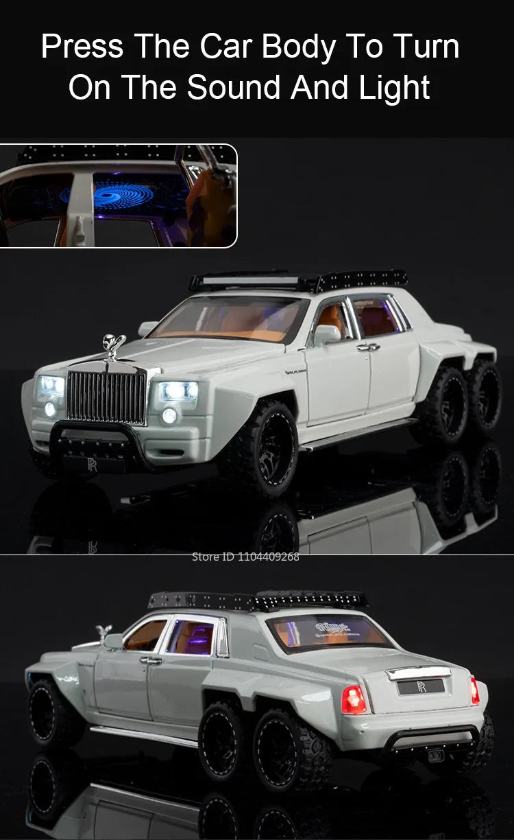 1:32 Scale Rolls-Royce Phantom 6x6 Wraith Car Model Toy Diecast Metal Alloy Off-Road Vehicle Models Sound Light Gifts