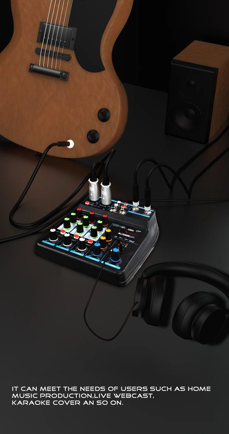 4 Channel DJ Audio Mixer With Bluetooth USB And 48V Phantom Power