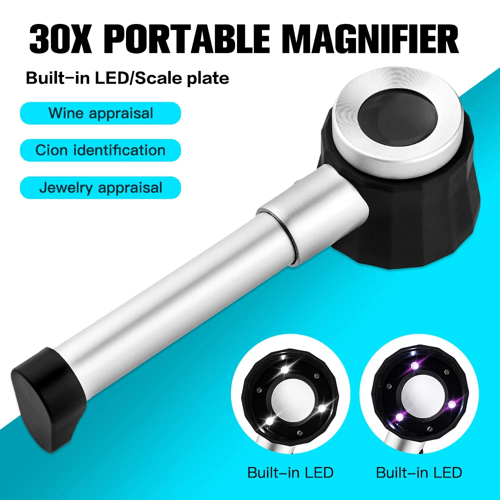 30X LED UV Magnifier Loupe with Scale Metal Handheld