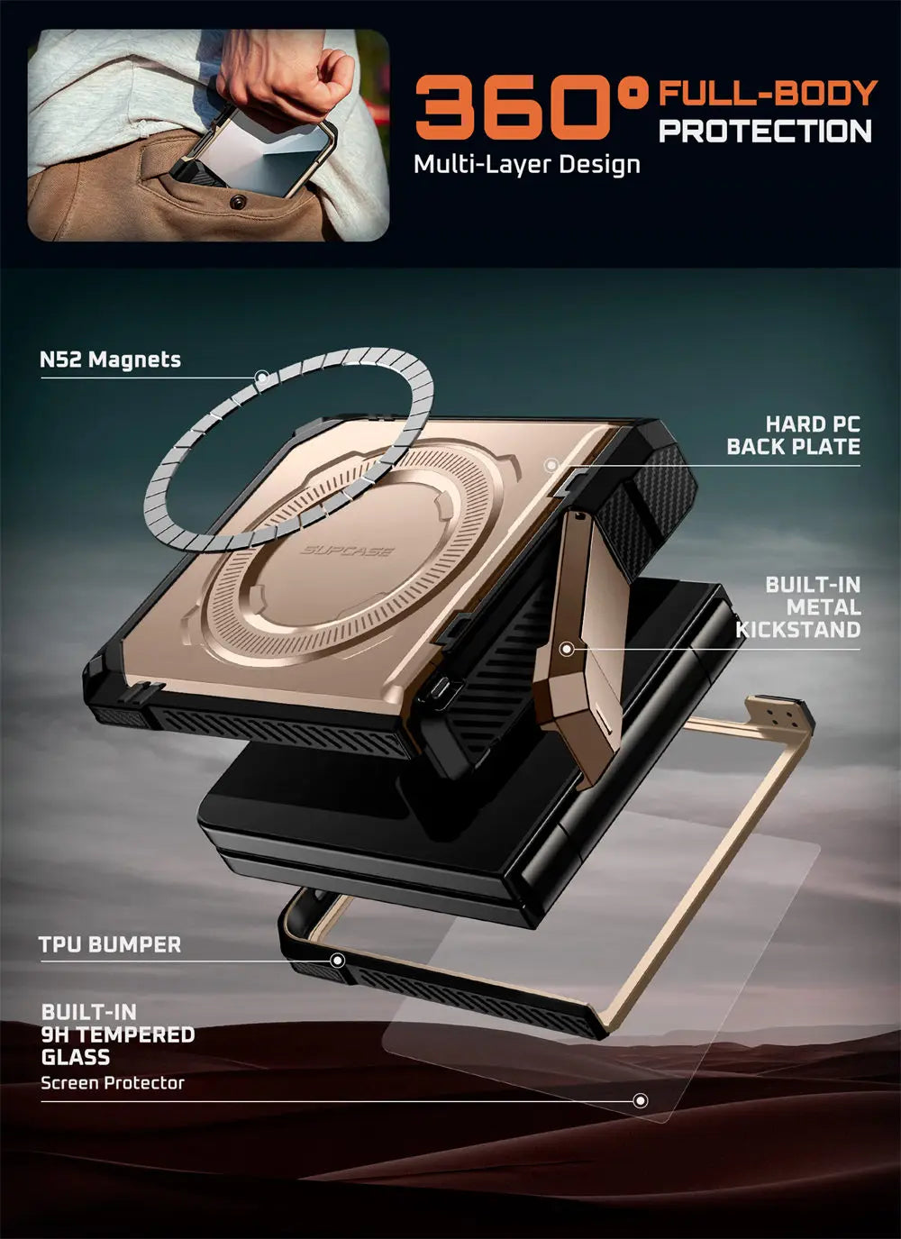 For Samsung Galaxy Z Flip 7 Case UB Grip Military-Grade Rugged Back Phone Case with Stand & Front Screen Protector