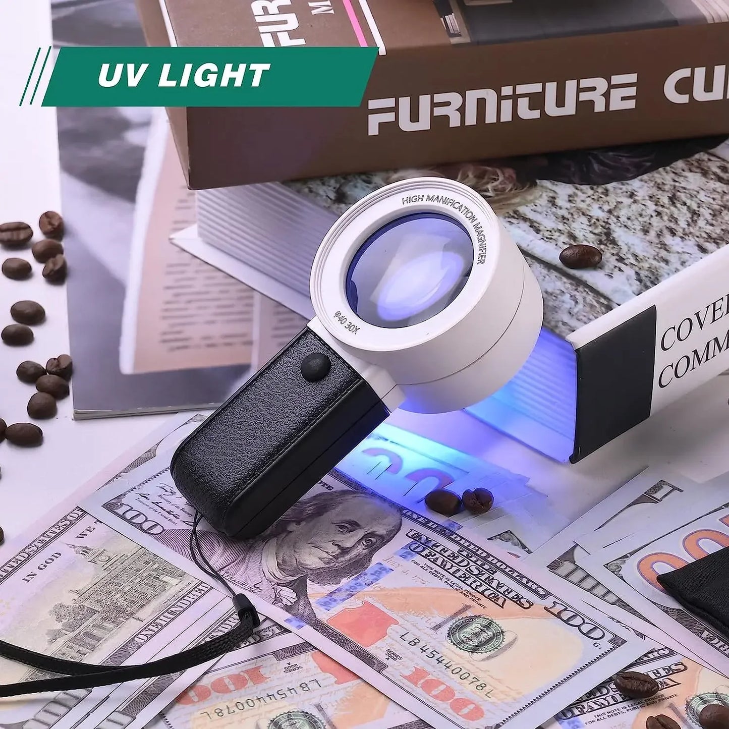 30X LED UV Magnifying Glass Handheld Loupe Dual Lens