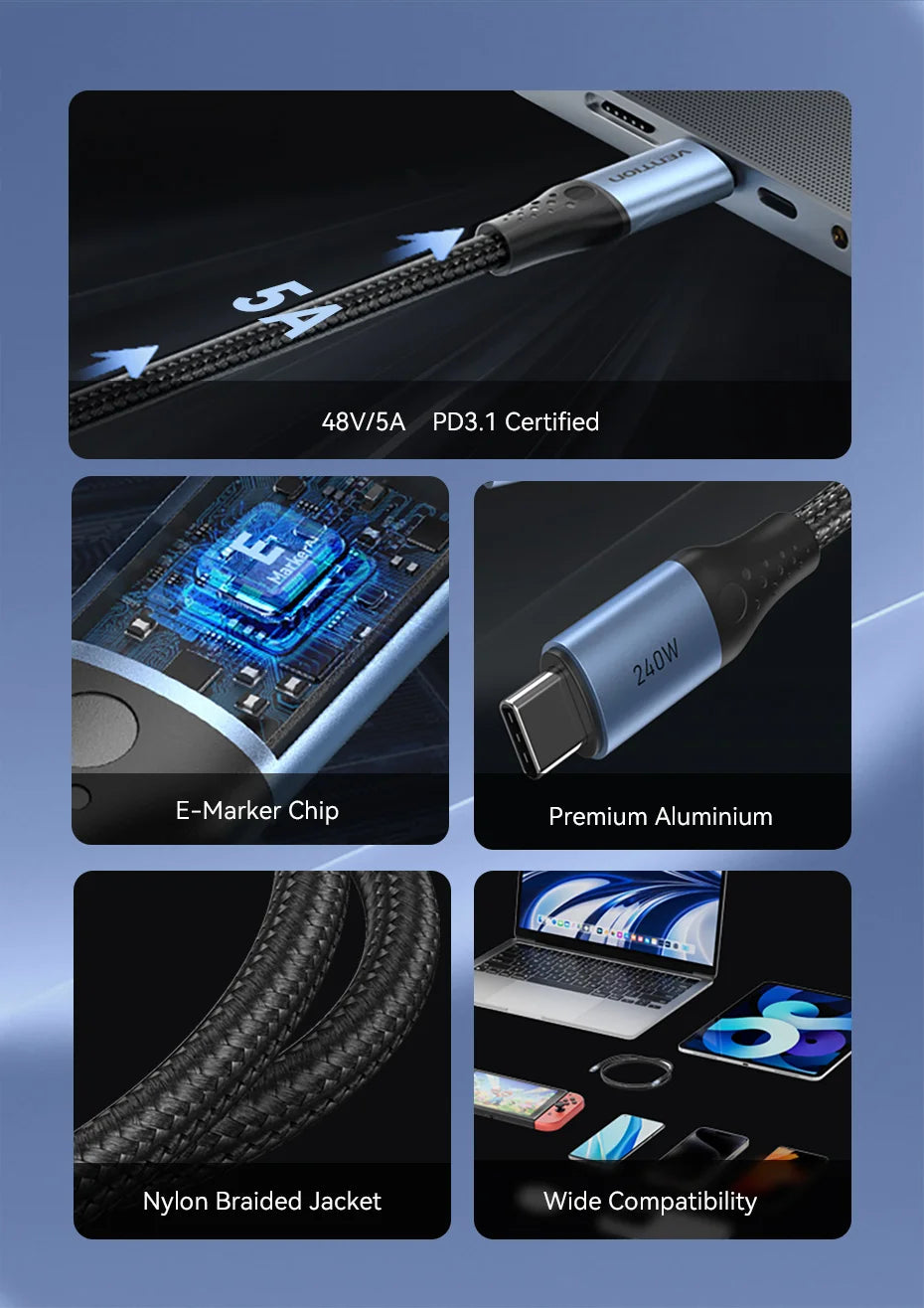 240W USB C to Type C Cable PD3.1 Fast Charging USB C to C Data Cable for MacBook iPhone 16 15 Samung Fast Charging Wire