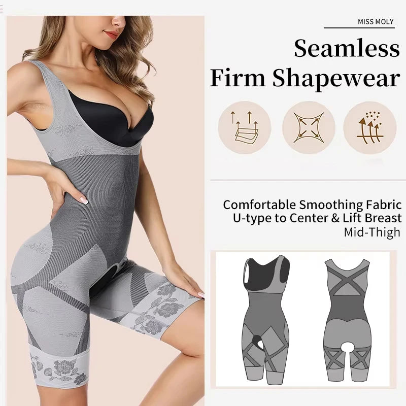 Women Bodysuit Shaperwear Waist Trainer Slimming Under bust Open Crotch Tummy Control Full Body Shaper