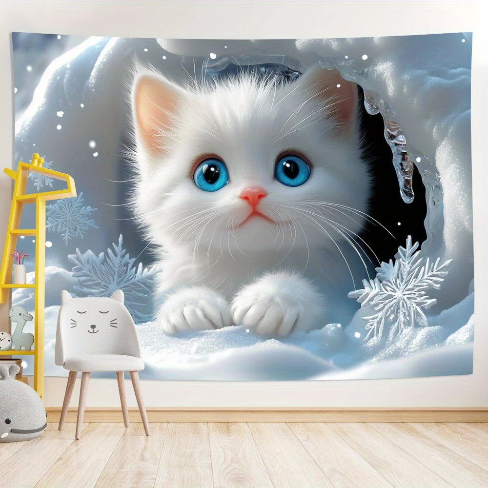 Snow Scenery Plush Cat Tapestry Nordic Style Snow Blue White Living Room Sofa Background Wall Room Decoration