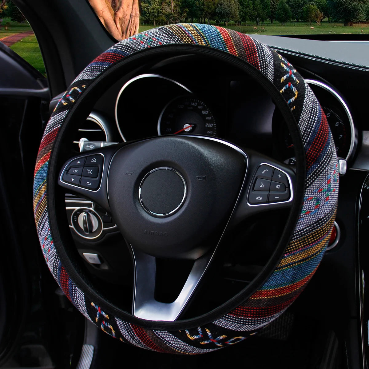 Bohemian Linen Fabric Car Steering Wheel Cover 37CM 38CM