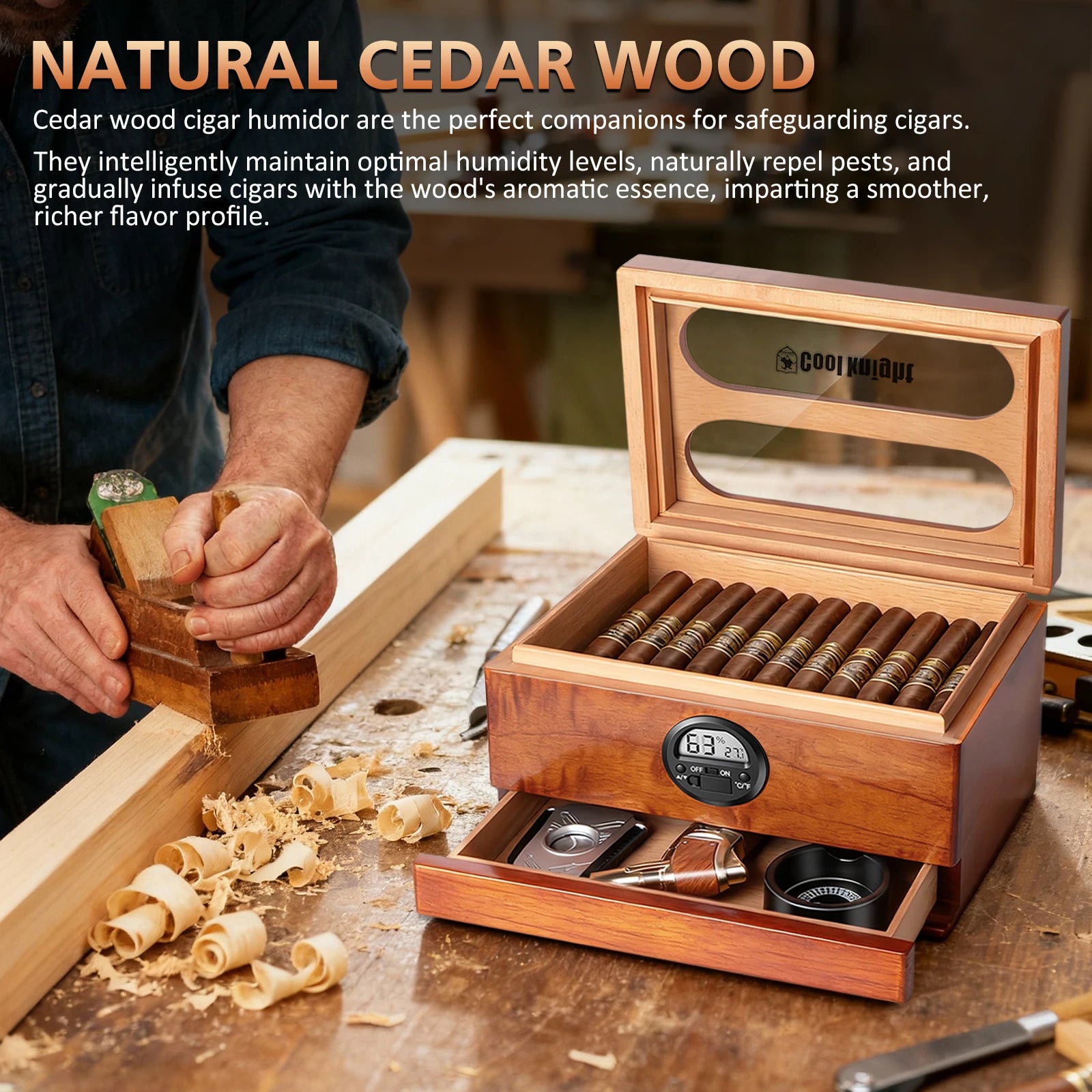 Cigar Humidor with Digital Hygrometer, Humidifier and Accessory Drawers, Glass Top Spanish Cedar Humidor, Holds 20-35 Cigars