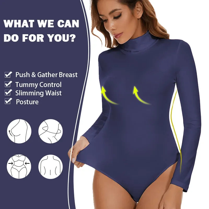 Women Long Sleeve High Collar Bodysuit – Tummy Control Shapewear