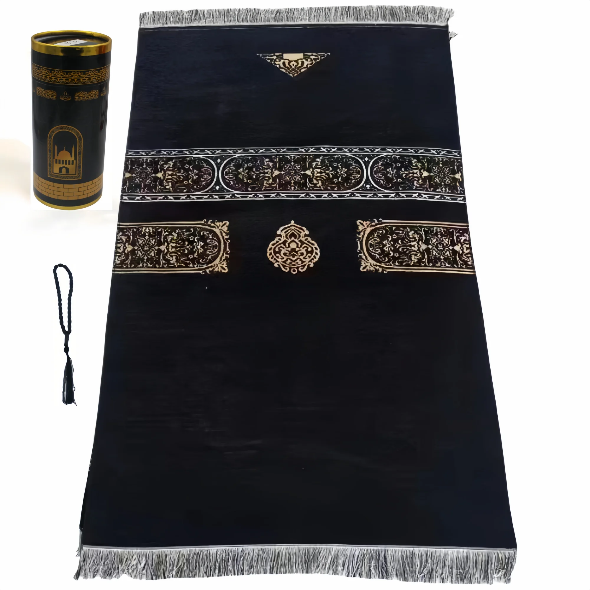 Lightweight Prayer Rug and Prayer Beads with Elegant Cylinder Gift Box Soft Sajadah Islamic Gifts Set Portable Prayers Mat Black