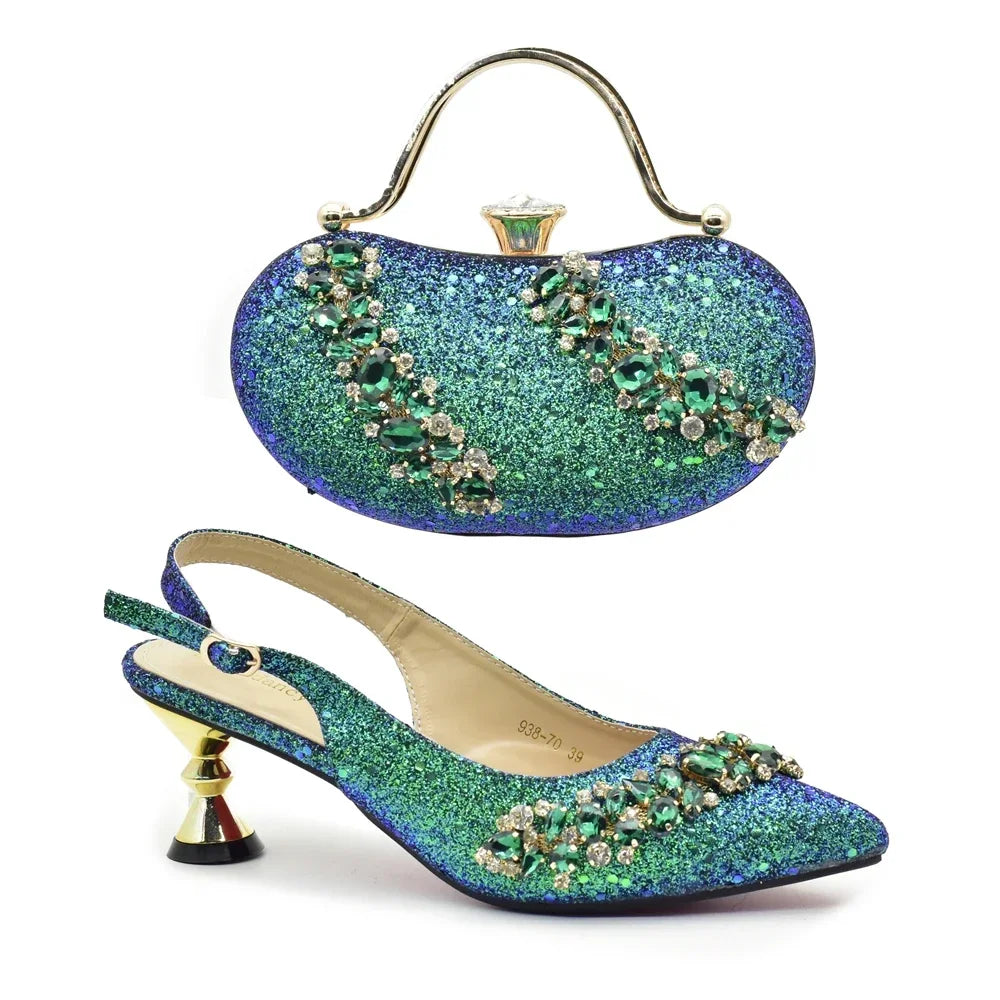 Nigeria Fashion Bag and Mid-Heel Pointed Shoes Girly Party Shoes and Bag Set Decorated with Rhinestone Wedding Shoes Bride