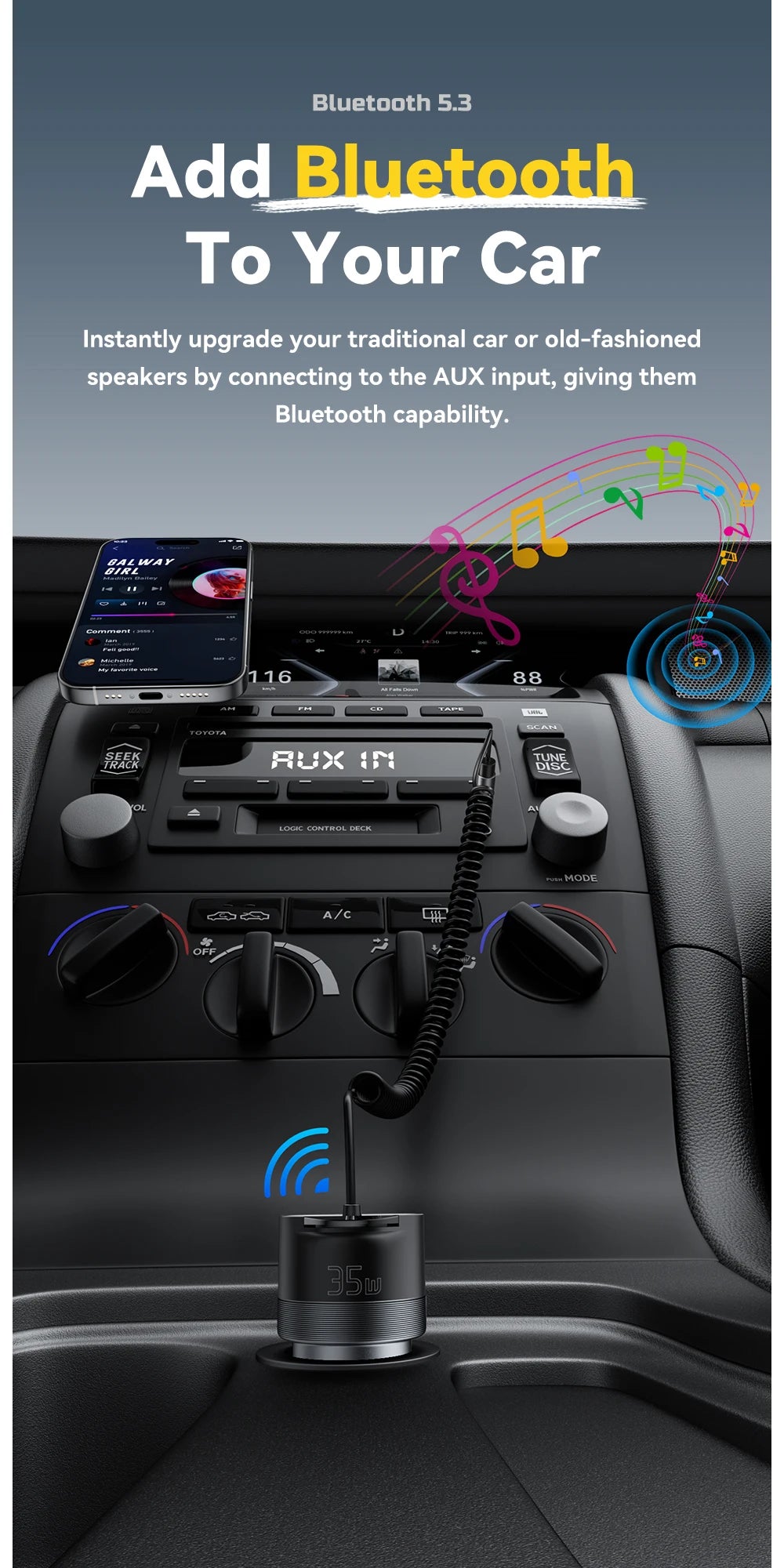 Bluetooth 5.3 Car Charger AUX Adapter PD 35W QC 30W Fast Charging USB C + USB with 3.5mm Audio