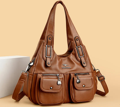 Women Casual Multiple Pockets Tote Bag Lady Large Capacity Shoulder Crossbody Bag Vintage Soft Leather Travel Bag