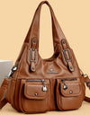 Women Casual Multiple Pockets Tote Bag Lady Large Capacity Shoulder Crossbody Bag Vintage Soft Leather Travel Bag