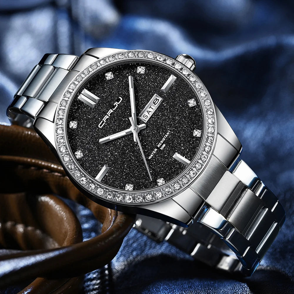 Men Watch Moissanite Diamond Luxury Brand Golden Dial Watches with Stainless Steel Band with Luminous Relogio Masculino