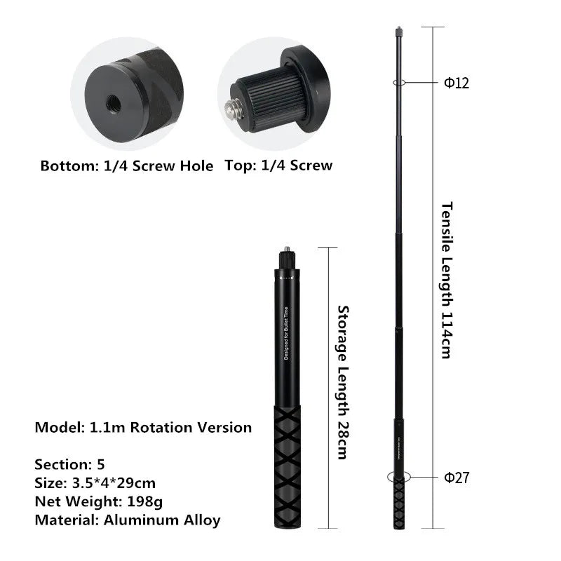Bullet Time Invisible Selfie Stick for 360 Action Cameras and Sports Cameras