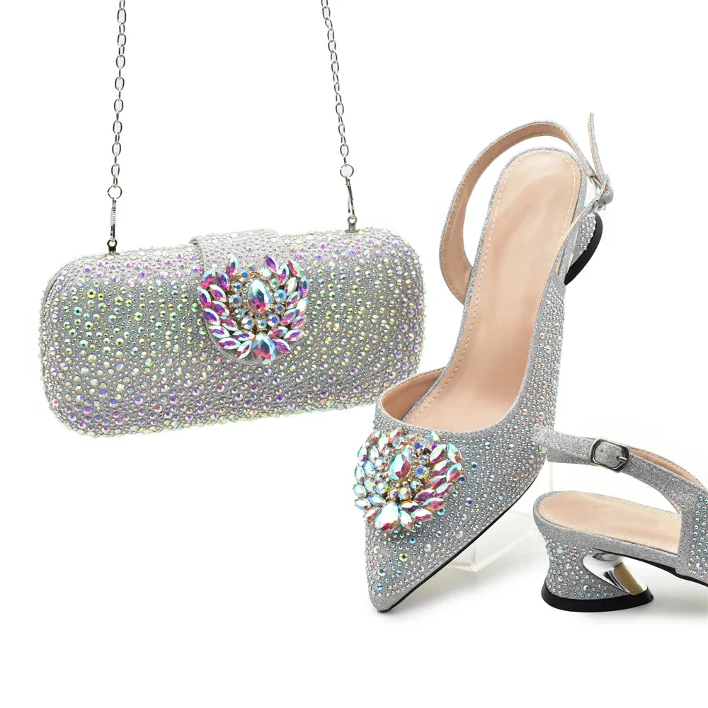 New Italian Shoes and Bags Matching Set Luxury Designer Pumps Women Full Rhinestone Designer Shoe and Bag Sets From Italy