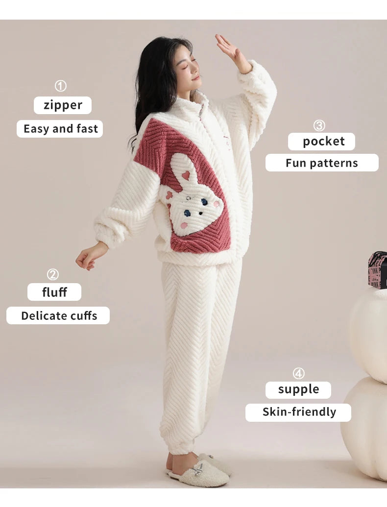 Women’s Winter Flannel Pajama Set – Thick, Soft Coral Fleece with Zipper & Oversized Fit