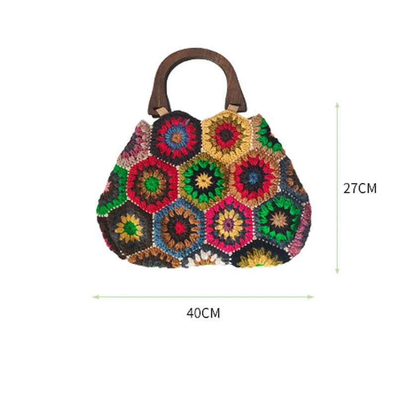 Bohemian Granny Square Crochet Tote Bag Handmade Knitted Shopper Handbag