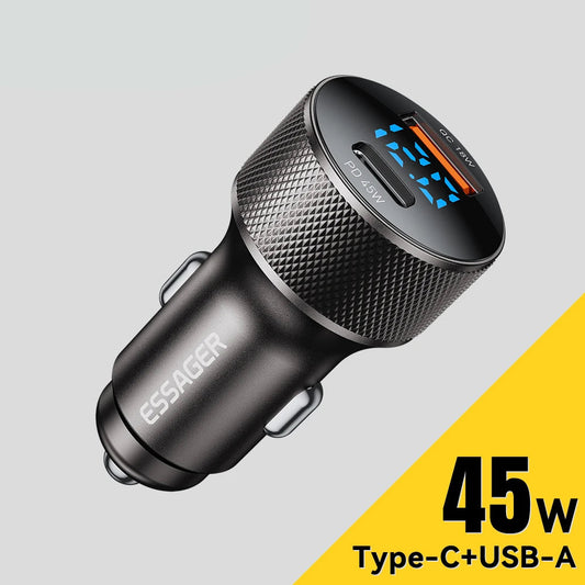 45W USB C Car Charger PD3.0 QC3.0 Fast Charging 2 Port Adapter with Digital Display