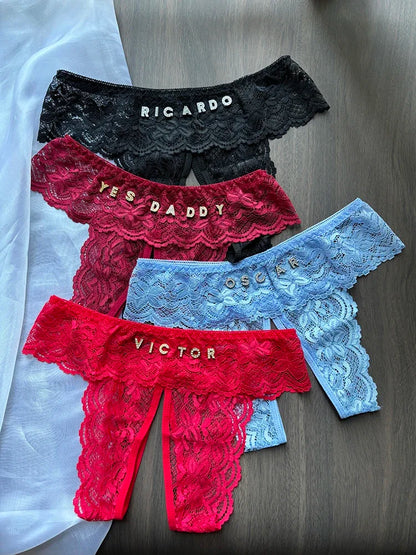 Plus Size Thongs Custom Name Lace Panties Open Crotch Temptation Erotic Customized Personalize Crystal Letter G-String Women