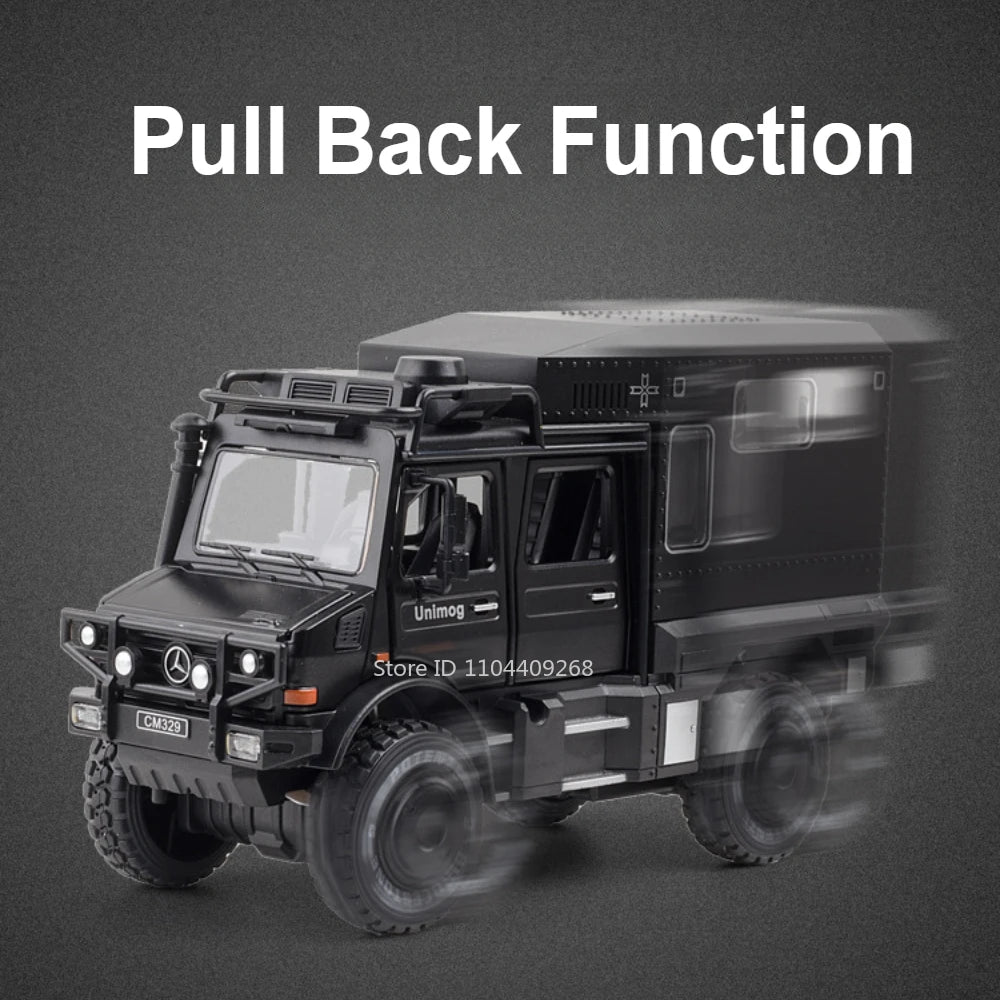 1:28 Scale Unimog U5000 Land Rover Defender Toy Car Model Rubber Tire Alloy Diecast Sound Light Off-Road Vehicle  Toy