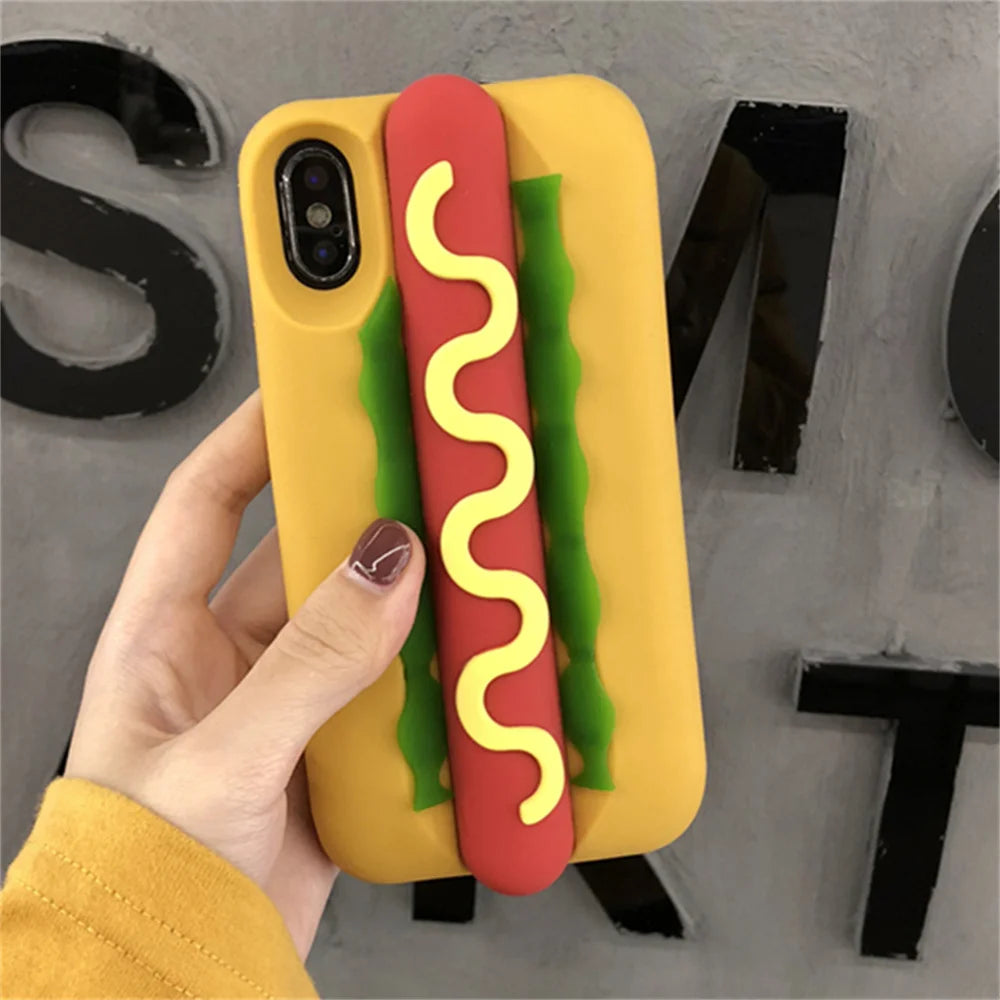 INS Cute Cartoon Funny Hot Dog Sausage 3D Vivid Phone Case For iPhone 16 15 14 13 Pro Max Plus Creative Soft Back Cover