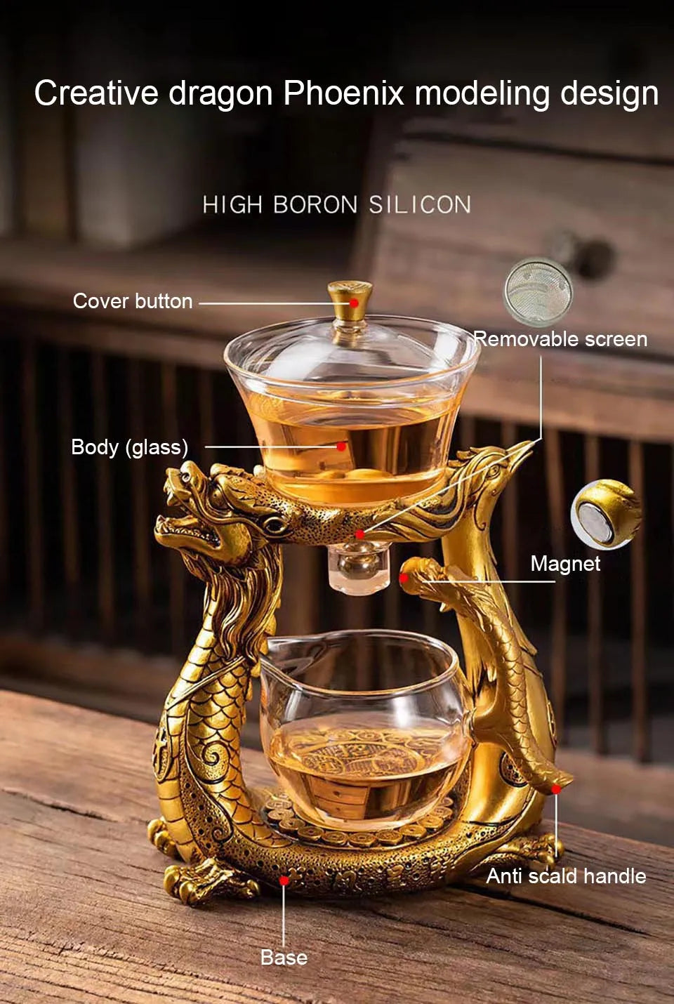 Dragon Glass Teapot  Diversion Rotating Cover Bowl Water Tea Cup Purer Oolong Drinkware Tea