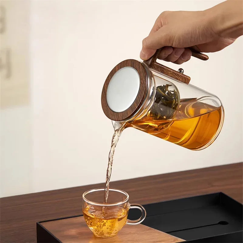 One Click  Switch Tea Separation Filtration Glass Tea Pot Wood Handle Tea Water Separation Inner Container Teapot