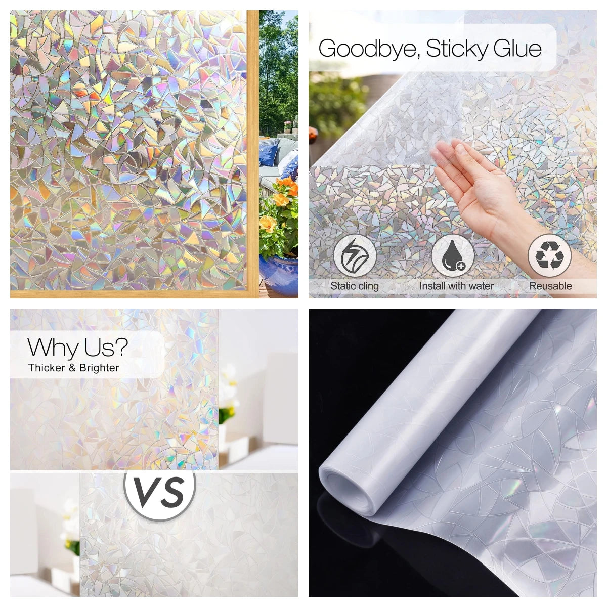 Wide 75/90 cm 3D Vinyl Window Privacy Film, Heat Insulation Rainbow Window Films, UV Protection Decorative Glass Stickers