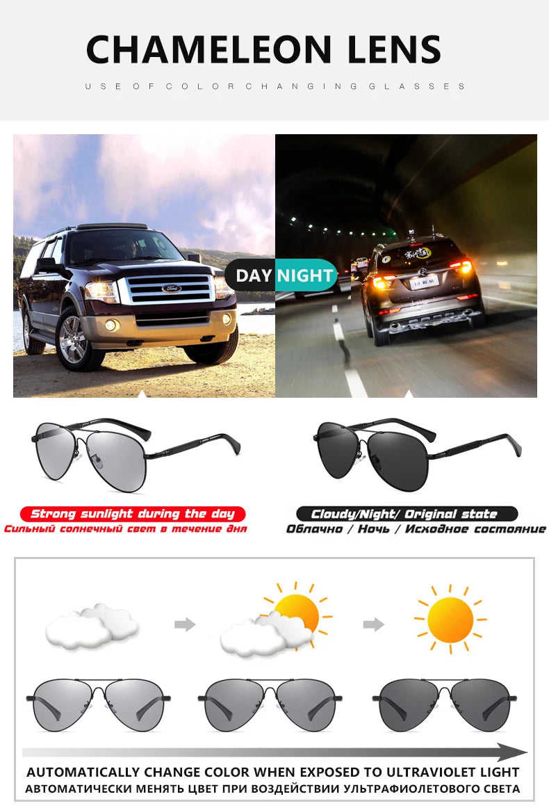 Titanium Memory Metal Photochromic Polarized UV400 Pilot Sunglasses for Men Women