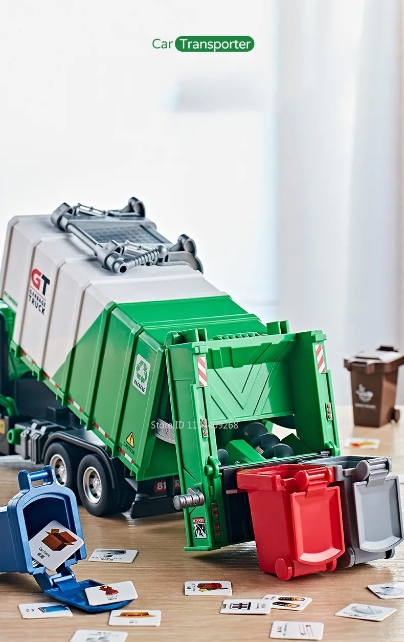 1:24 Pneumatic Garbage Car Electric Mixer Truck Toy Model Alloy Diecast Sound Light Engineering Vehicle Desktop Ornaments