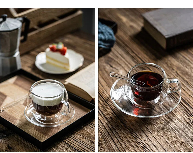 180/250ml Double Wall Glass With Dish And Spoon Clear Glass Espresso Cups Set Heat Resistant Handle Coffee Mug Drinkware