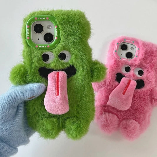 INS Couple Fur Monster Kiss Tongue Case For iPhone 16 15 14 13 Pro Max Korea Cute Cartoon Gift Anti-Drop Soft Back Cover