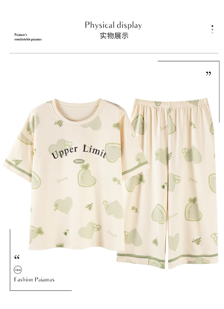 2-Pcs Women’s Summer Cotton Pajama Set – Breathable Short Sleeve Sleepwear with Cute Prints
