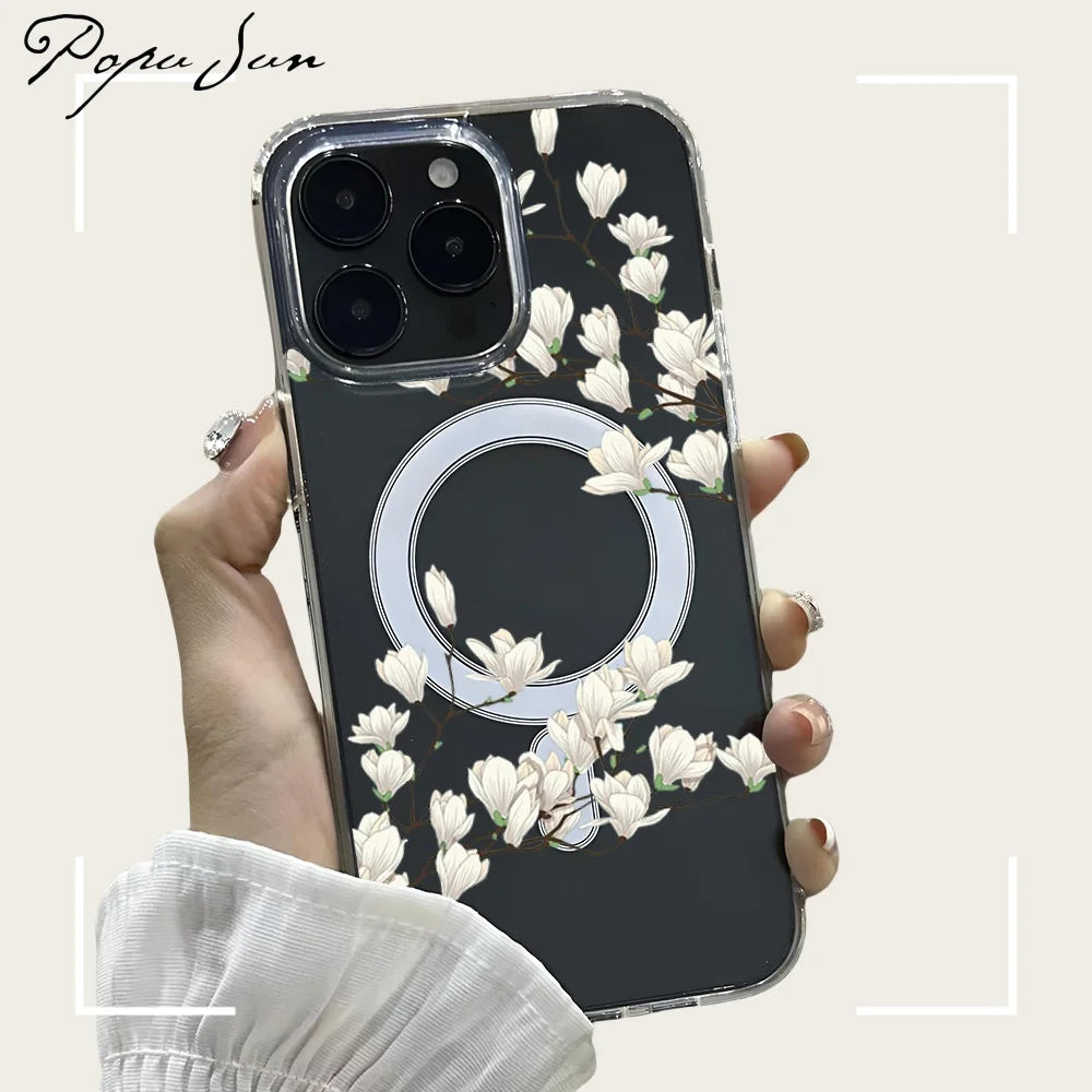 Magsafe Tulip Flower Magnetic Transparent Phone Case for iPhone 16 15 Pro Max 14 Plus Wireless Charging Shockproof Cover