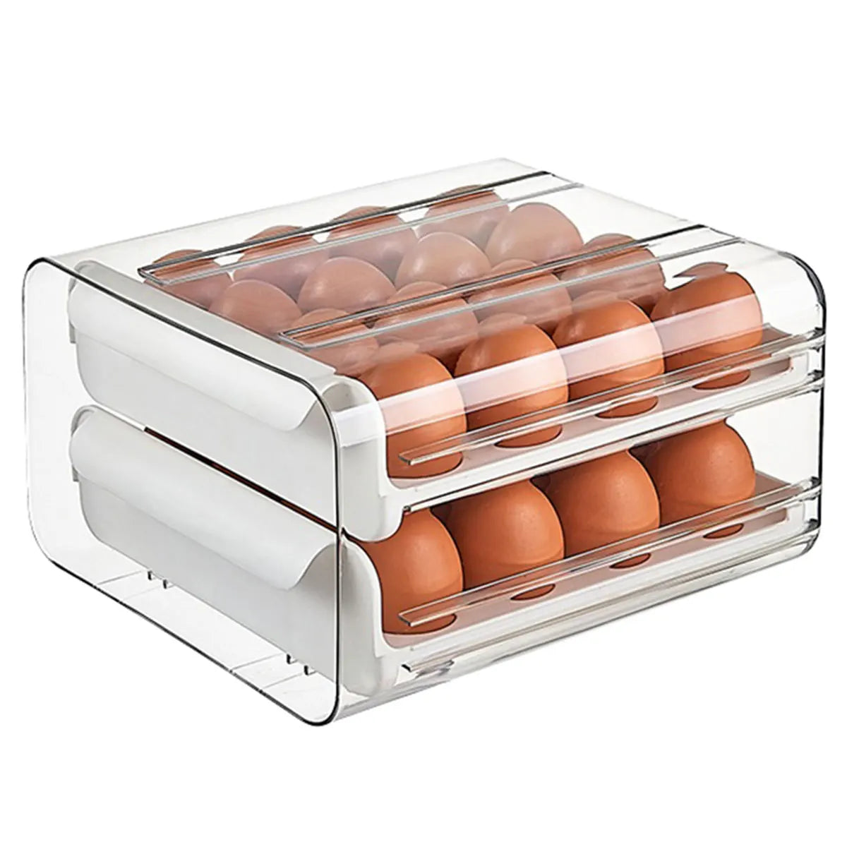 2-Layer 24-Egg Storage Container – Automatic Rolling Egg Holder Space-Saving Refrigerator Organizer