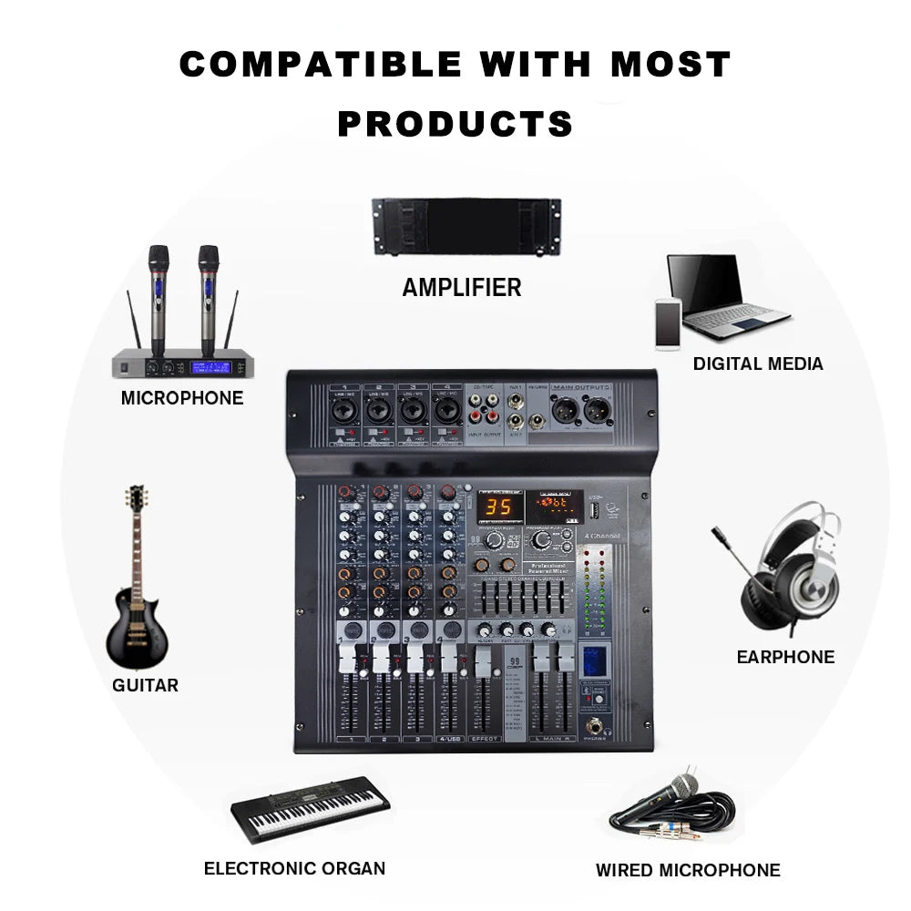4 Channel DJ Audio Mixer with USB Bluetooth and 99 Effects
