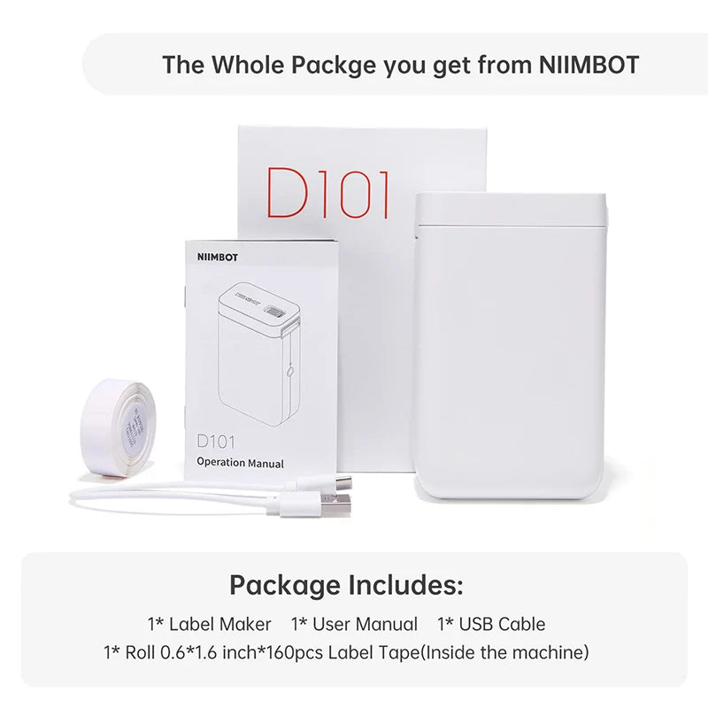 D101 Mini Thermal Label Printer, Portable Bluetooth Inkless Label Maker (10–25mm), Rechargeable Type-C for Home, Office & Business