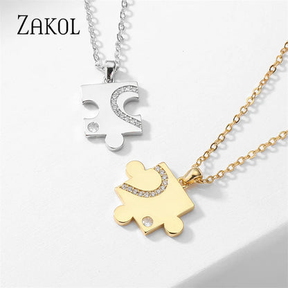 Geometric Puzzle Couple Necklaces for Women Fashion White Gold Color Zircon Pendant