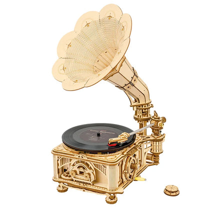 DIY Hand Crank Classic Gramophone Wooden Puzzle Model Building Kits Assembly