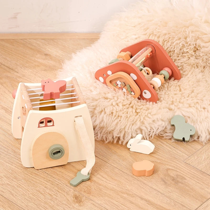 Wooden Building Block For Babies Music Percussion Game Newborn Education Mushroom House 5 in 1 Cartoon Animal Shape Matching Toy