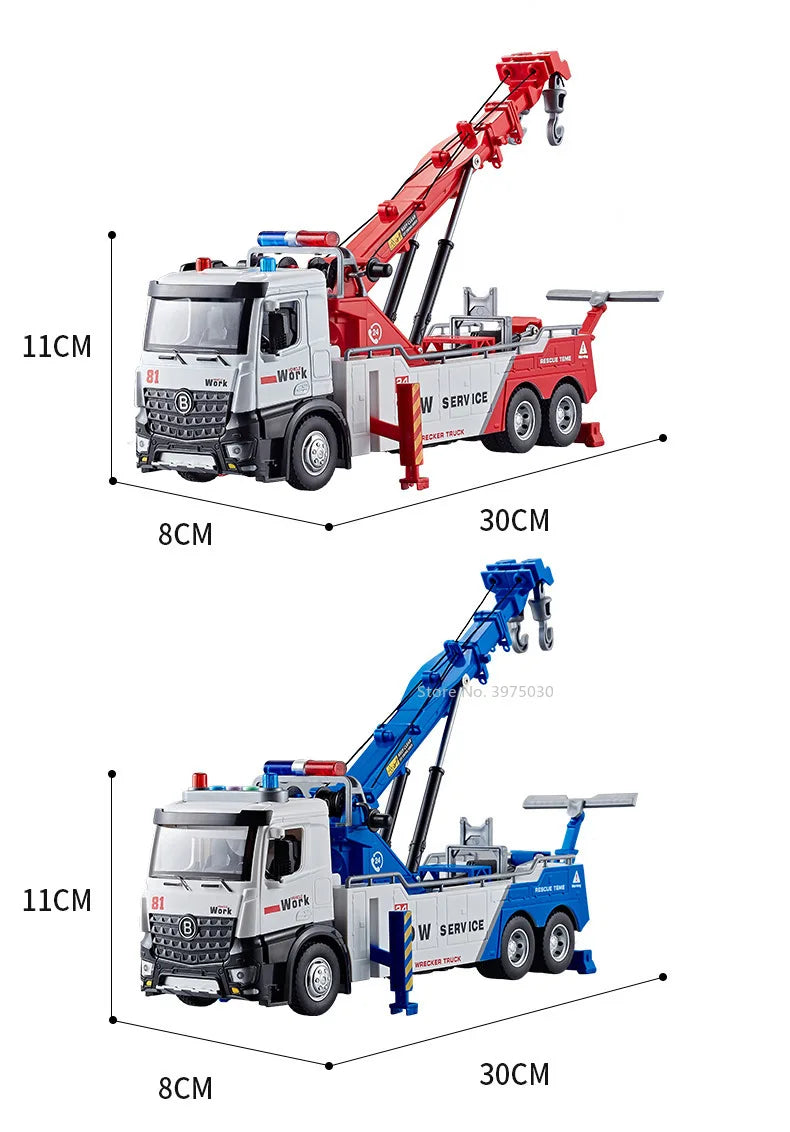 1/50 Scale Double Hook Rescue Crane Truck Alloy Model Toys Metal Diecast Engineering Vehicle Sound Light Gifts for Boys Birthday