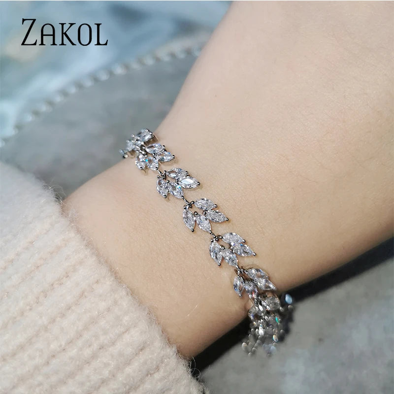 Classic Leaf Shape Cubic Zirconia Chain & Link Bracelets Luxury  CZ Shiny Stone Bracelet