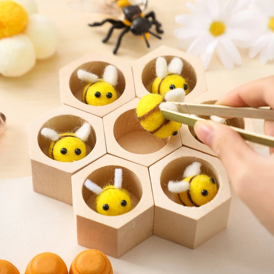 Wooden Montessori Bee Grab Toy Baby Hand And Foot Fine Exercise Toys Wooden Replica Beehive Plush Cartoon Bee Baby Birthday Gift