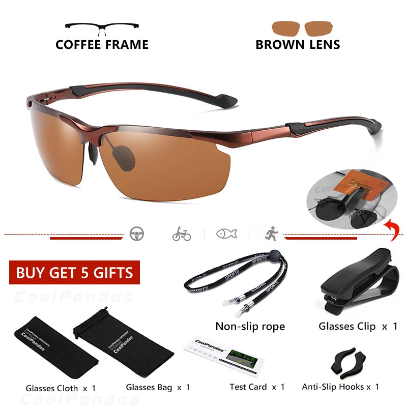Aluminum Rimless Photochromic Polarized UV400 Day Night Driving Sunglasses for Men Women