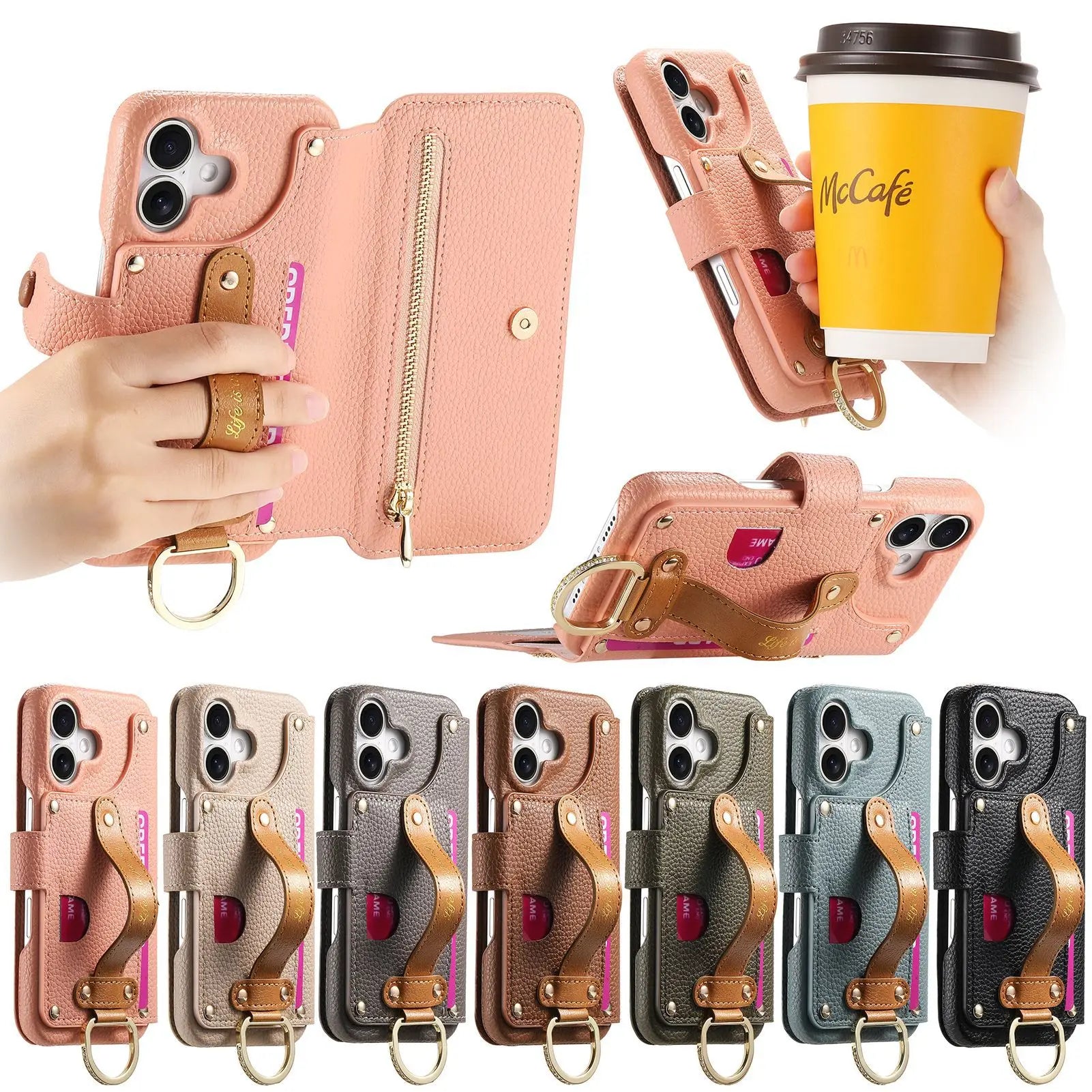 Wallet Flip Case for iPhone 16 15 Pro Max 14 Plus 16Pro 14Pro 15Pro Leather Strap Card Slots Zipper Cover