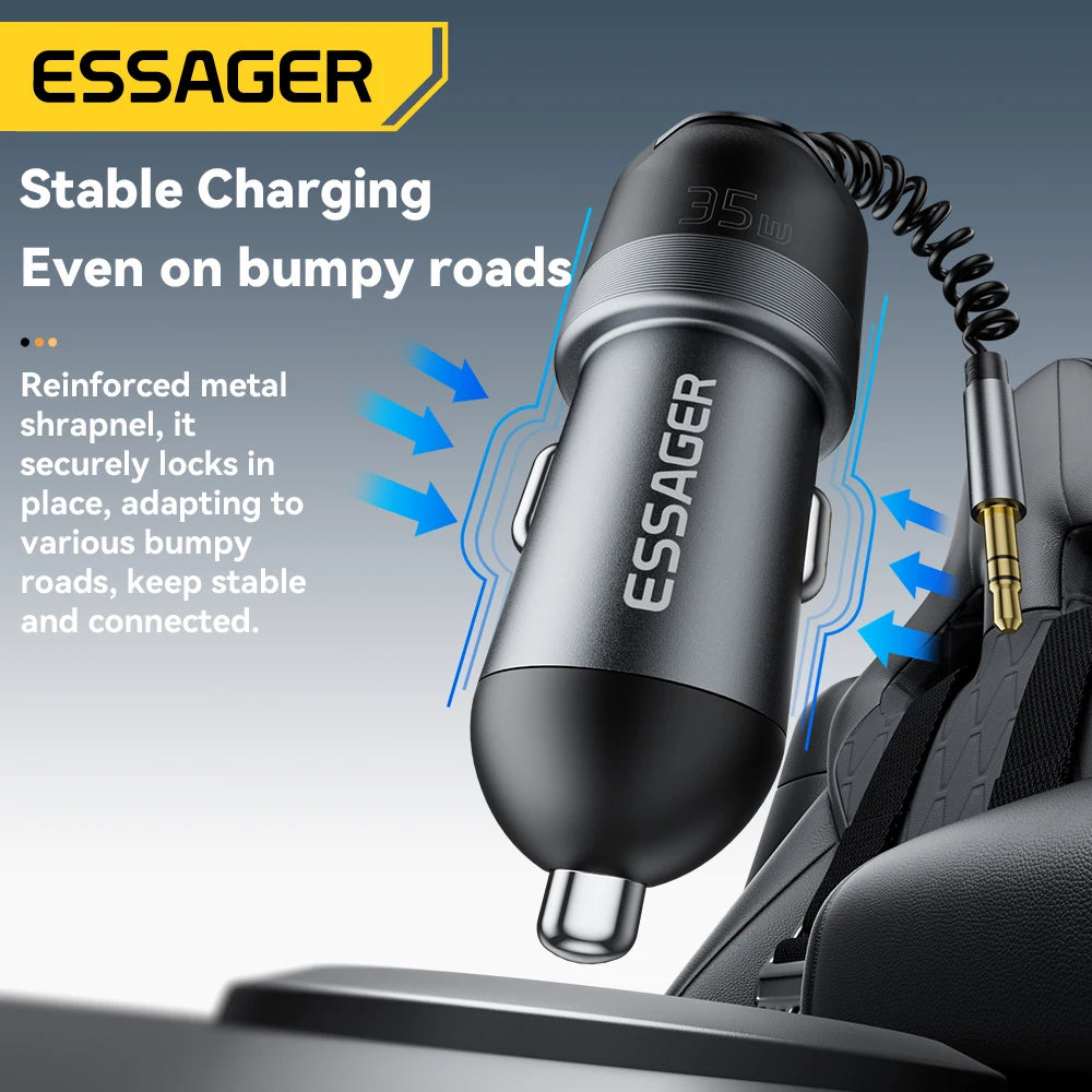 Bluetooth 5.3 Car Charger AUX Adapter PD 35W QC 30W Fast Charging USB C + USB with 3.5mm Audio