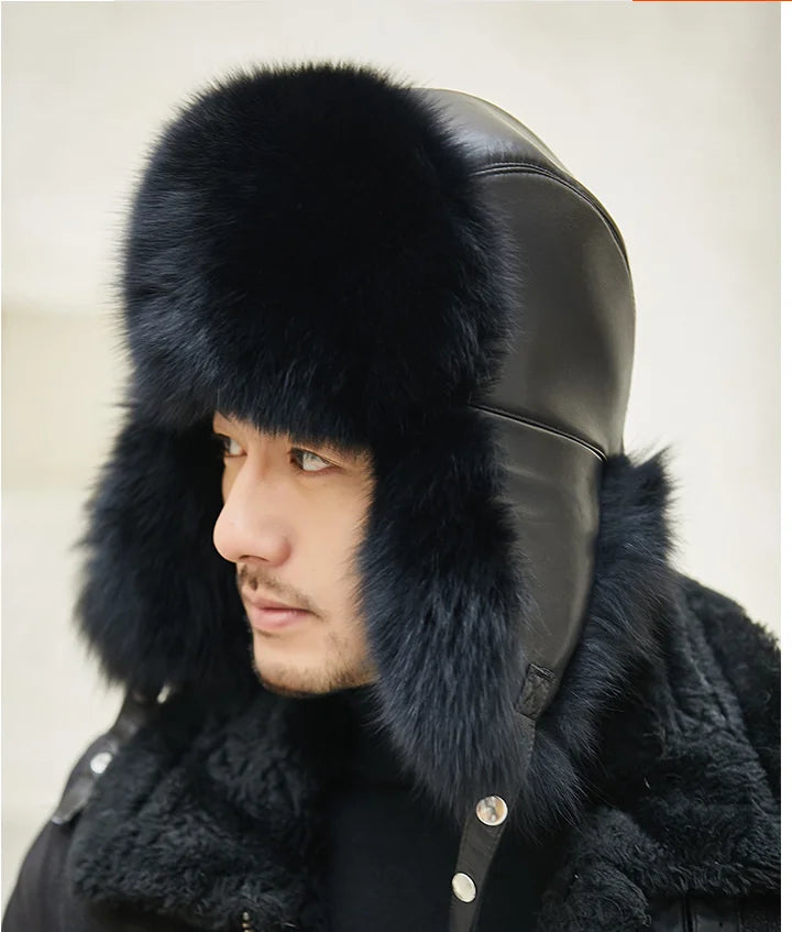 Fox Fur Cap Man Winter Genuine 100% Fur Bomber Hat Windproof Warm Earmuffs Male Flat Grey/Black Russian Hat Fitted Casquette