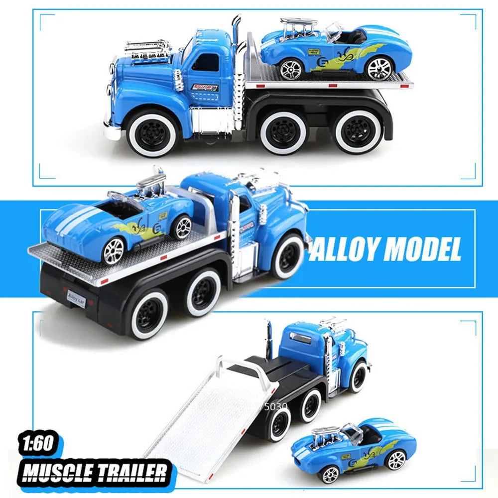 1:60 Scale American Muscle Alloy Trailer Cars Diecast Models Toys with Sound Light Pull Back Vehicle Boys Collection Gifts