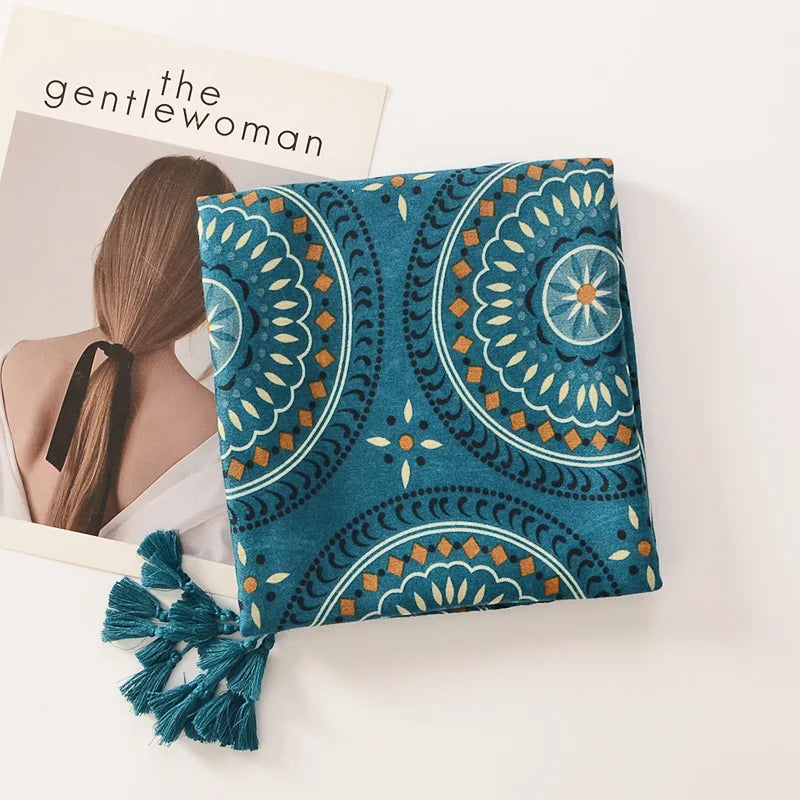 Beige Coffee Scarf Luxury Thin Women Scarves Spring Floral Hijab Veils Soft Cotton Shawl Wrap Tassel Viscose Muslim Woman Hijab